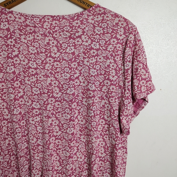 Lucky Brand Pink White Floral Print Top V-neck Short Sleeve Large - Picture 8 of 9